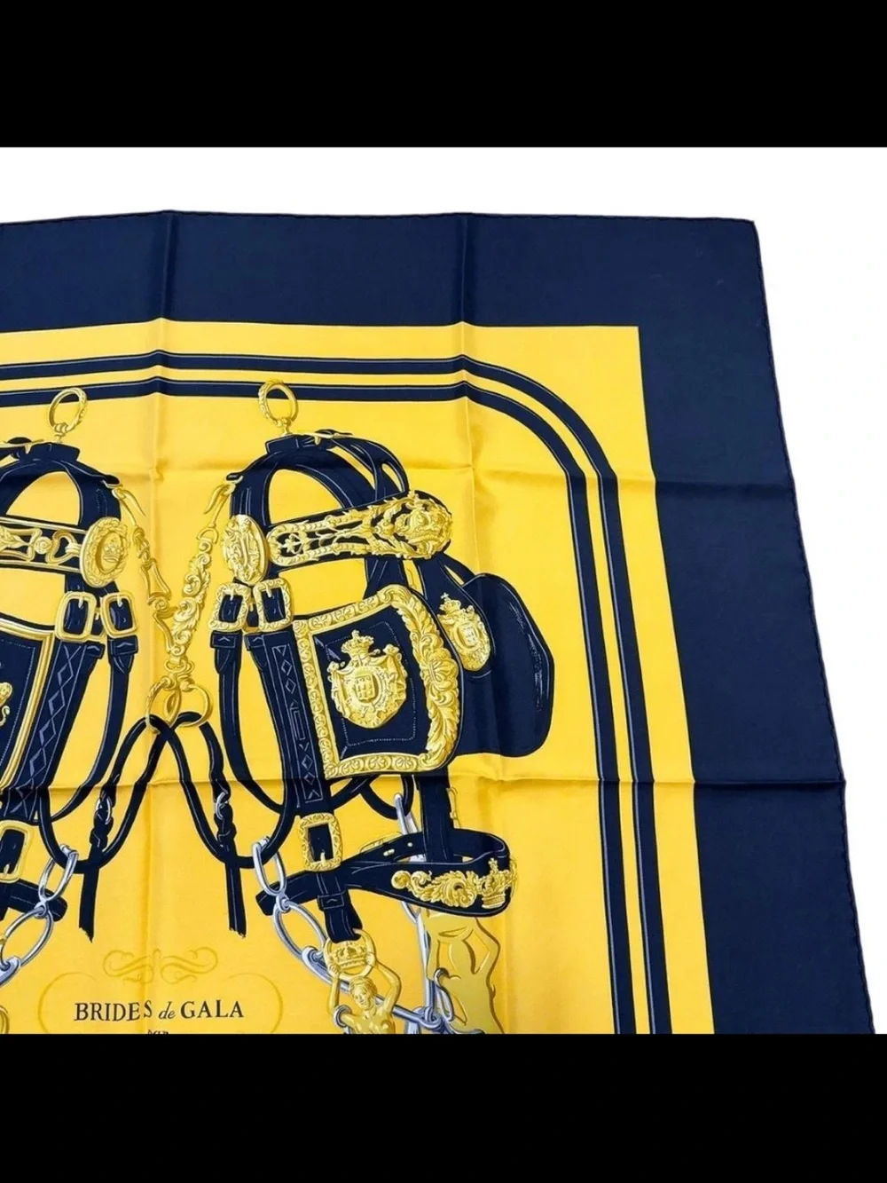 Hermes Yellow and Navy Silk Scarf Brides de Gala